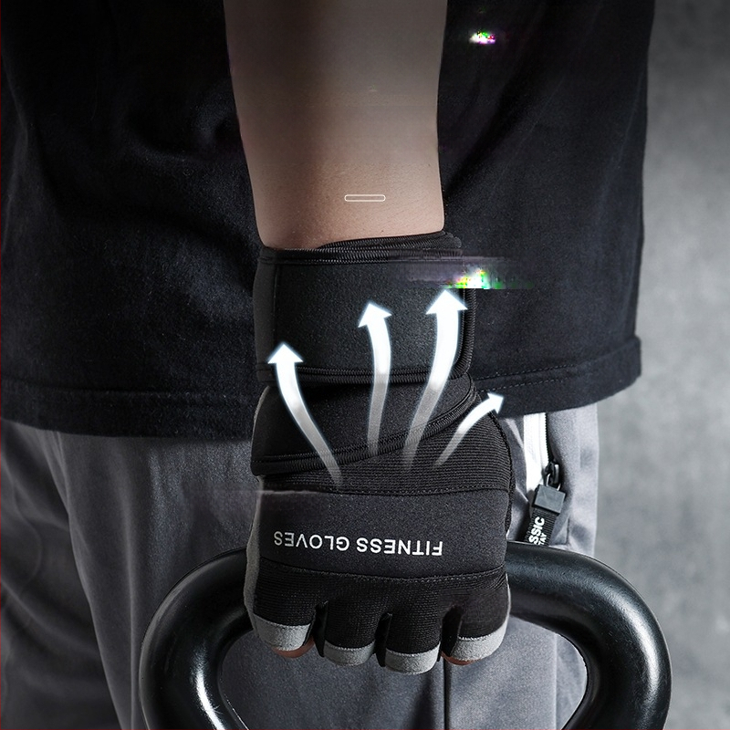 Fitnesa cimdi svaru celšanai ar plaukstas locītavas aizsardzību, puspirkstu dizains, neslīdošs silikons, mikrošķiedra + silikons