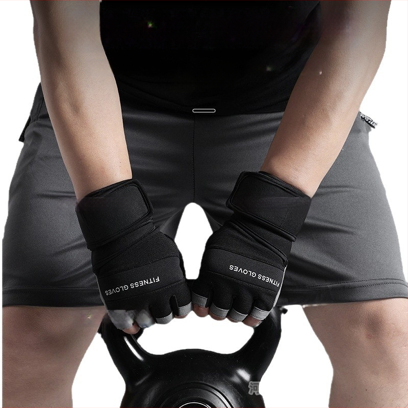 Fitnesa cimdi svaru celšanai ar plaukstas locītavas aizsardzību, puspirkstu dizains, neslīdošs silikons, mikrošķiedra + silikons