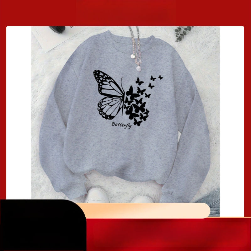 Naiste kapuutsiga sviiter liblika trükiga – polüester, laia lõige, pikad varrukad, ümmargune kaelus