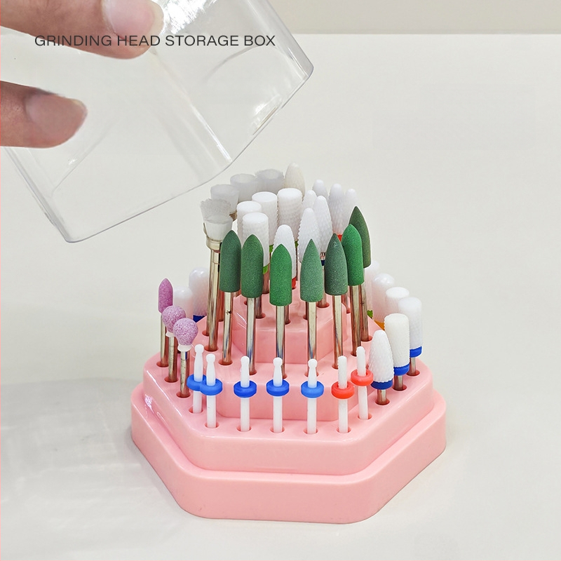 Hexagonaalne plastikust hoiukarp ja näidistu alus küünenahkade puurpeade jaoks, 48 ava