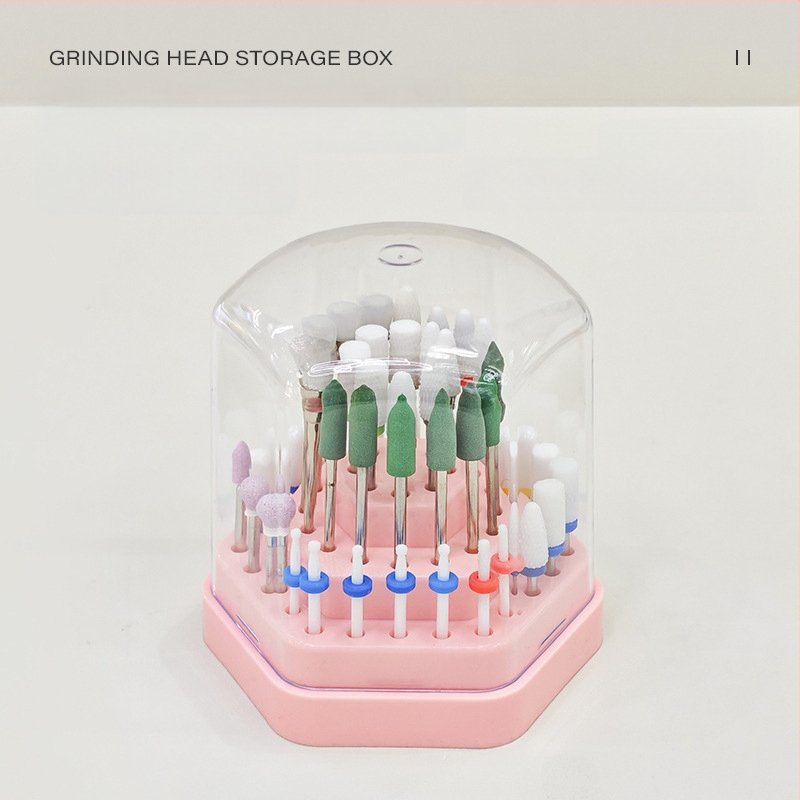 Hexagonaalne plastikust hoiukarp ja näidistu alus küünenahkade puurpeade jaoks, 48 ava