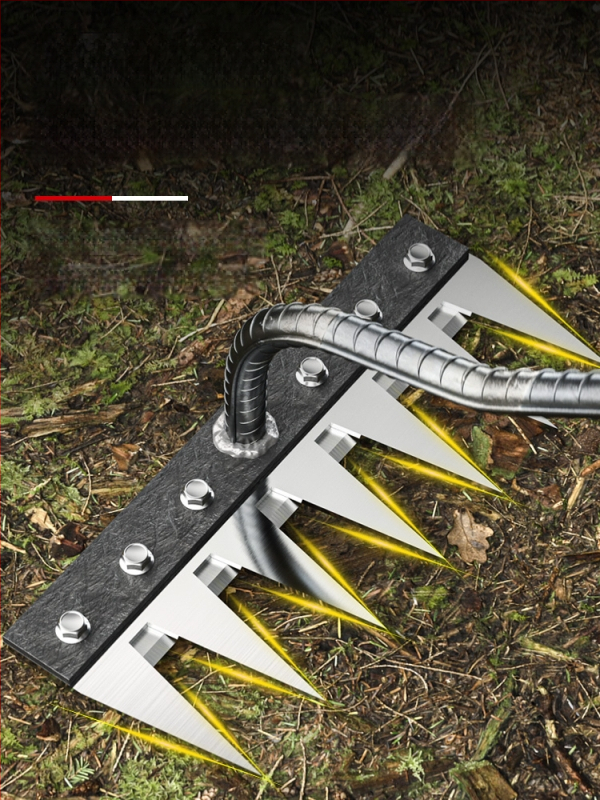 Mangaani terasest reha – mitmekülgne aiatööriist umrohu tõrjeks ja köögiviljade istutamiseks, viie hammaste disain, mulla lõdvestamine