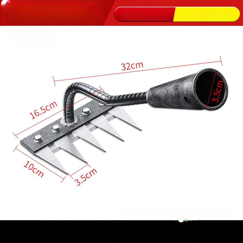 Mangaani terasest reha – mitmekülgne aiatööriist umrohu tõrjeks ja köögiviljade istutamiseks, viie hammaste disain, mulla lõdvestamine