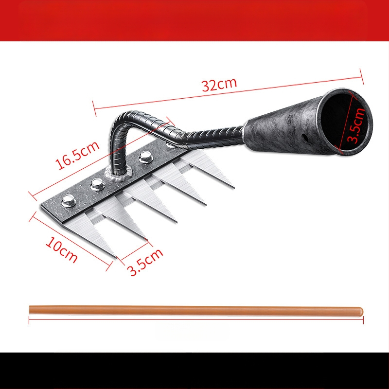 Mangaani terasest reha – mitmekülgne aiatööriist umrohu tõrjeks ja köögiviljade istutamiseks, viie hammaste disain, mulla lõdvestamine