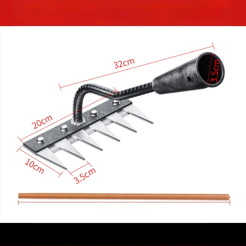 Mangaani terasest reha – mitmekülgne aiatööriist umrohu tõrjeks ja köögiviljade istutamiseks, viie hammaste disain, mulla lõdvestamine