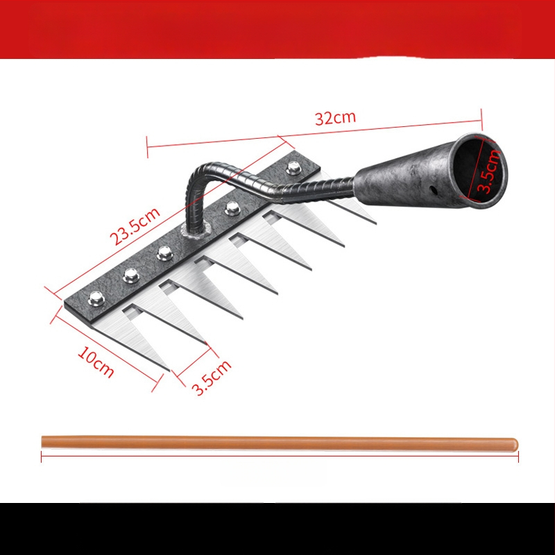 Mangaani terasest reha – mitmekülgne aiatööriist umrohu tõrjeks ja köögiviljade istutamiseks, viie hammaste disain, mulla lõdvestamine