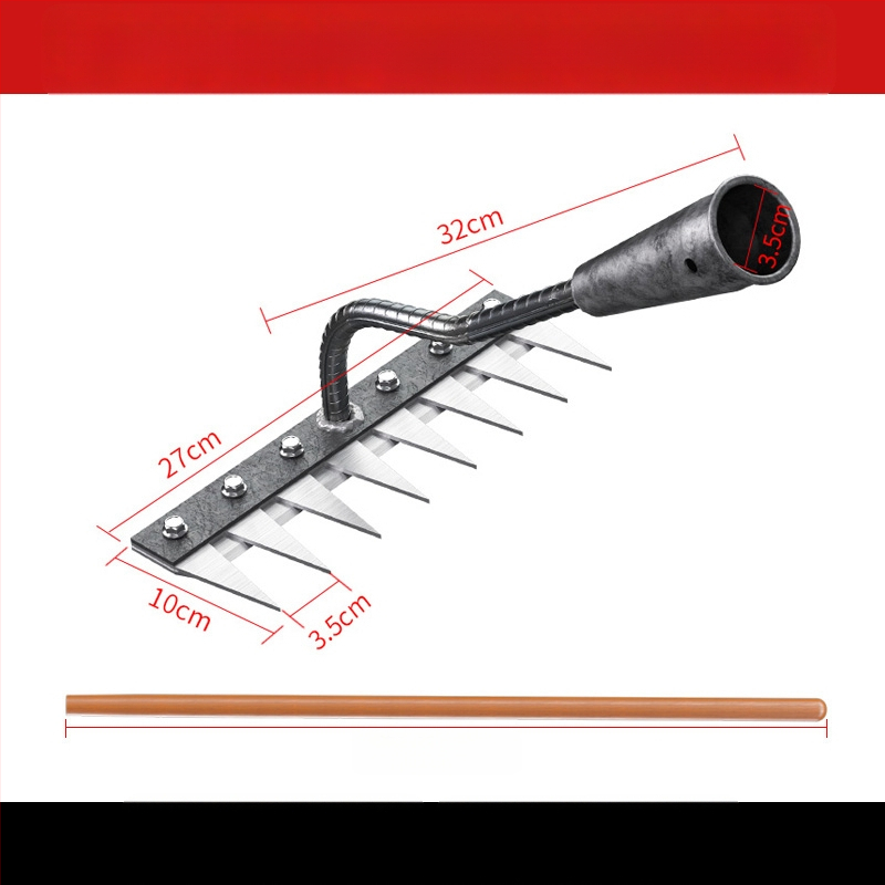 Mangaani terasest reha – mitmekülgne aiatööriist umrohu tõrjeks ja köögiviljade istutamiseks, viie hammaste disain, mulla lõdvestamine