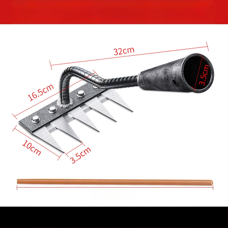Mangaani terasest reha – mitmekülgne aiatööriist umrohu tõrjeks ja köögiviljade istutamiseks, viie hammaste disain, mulla lõdvestamine
