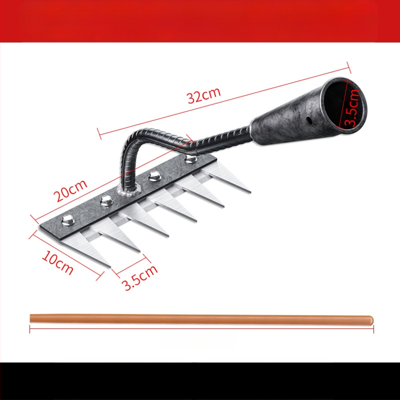 Mangaani terasest reha – mitmekülgne aiatööriist umrohu tõrjeks ja köögiviljade istutamiseks, viie hammaste disain, mulla lõdvestamine