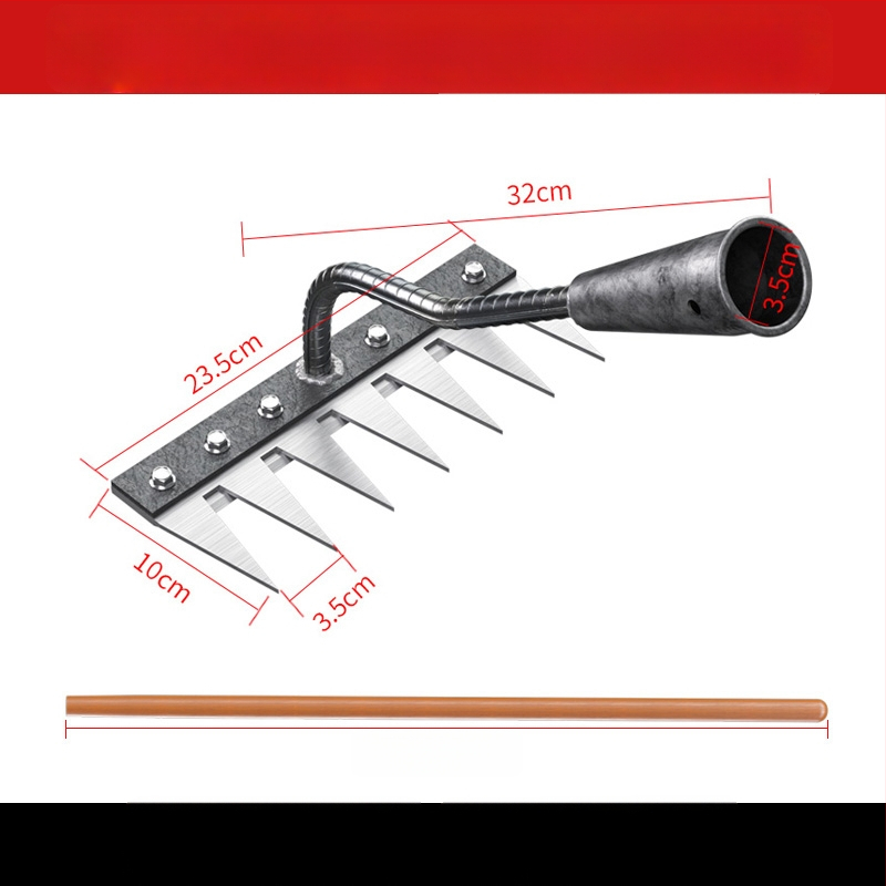 Mangaani terasest reha – mitmekülgne aiatööriist umrohu tõrjeks ja köögiviljade istutamiseks, viie hammaste disain, mulla lõdvestamine