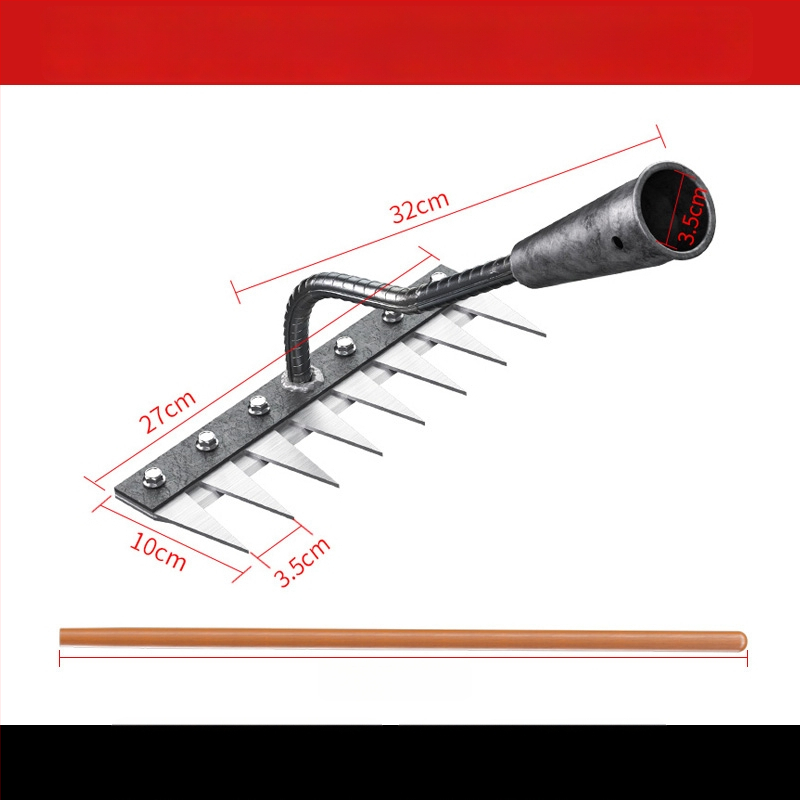 Mangaani terasest reha – mitmekülgne aiatööriist umrohu tõrjeks ja köögiviljade istutamiseks, viie hammaste disain, mulla lõdvestamine