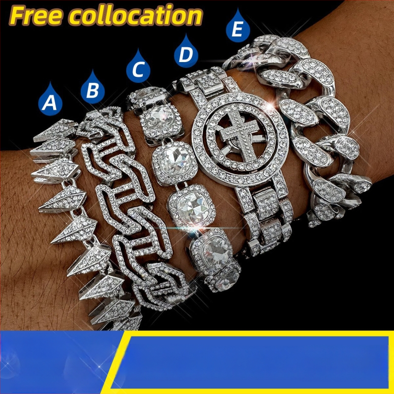 Täieliku teemantidega kubaani käevõru komplekt tsingi-allüa, I-kujundusega torkiv disain, unisex hip-hop ehted