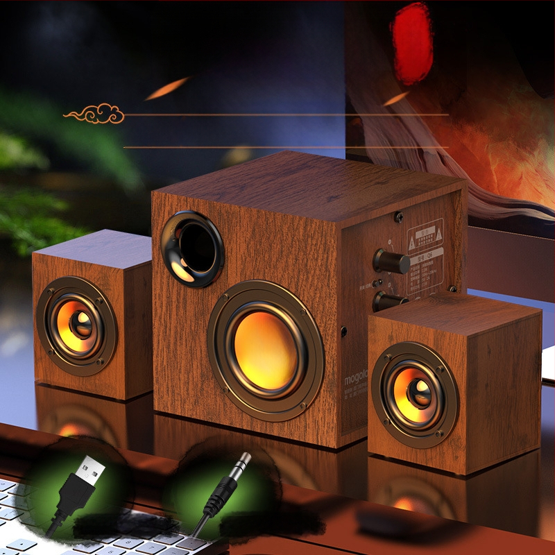 Puitkorpusega USB-arvutite kõlarisüsteem 2.1 koos subwooferiga – MP3 taasesitus, 3 kõlarit, 110V toide