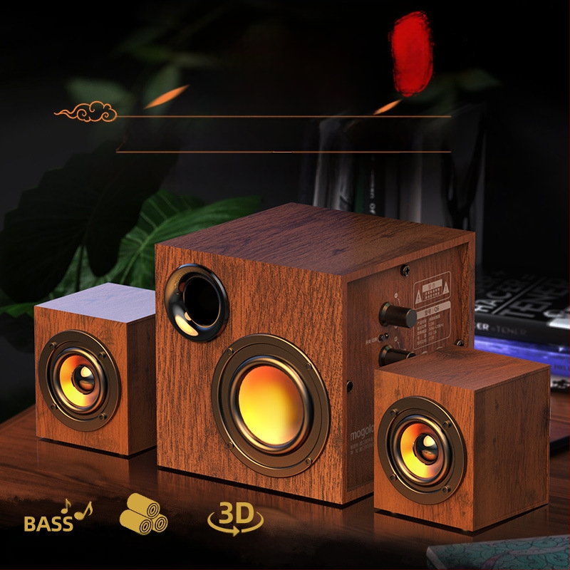 Puitkorpusega USB-arvutite kõlarisüsteem 2.1 koos subwooferiga – MP3 taasesitus, 3 kõlarit, 110V toide