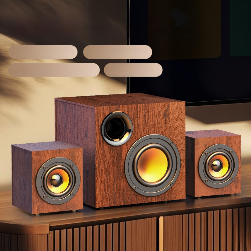 Puitkorpusega USB-arvutite kõlarisüsteem 2.1 koos subwooferiga – MP3 taasesitus, 3 kõlarit, 110V toide