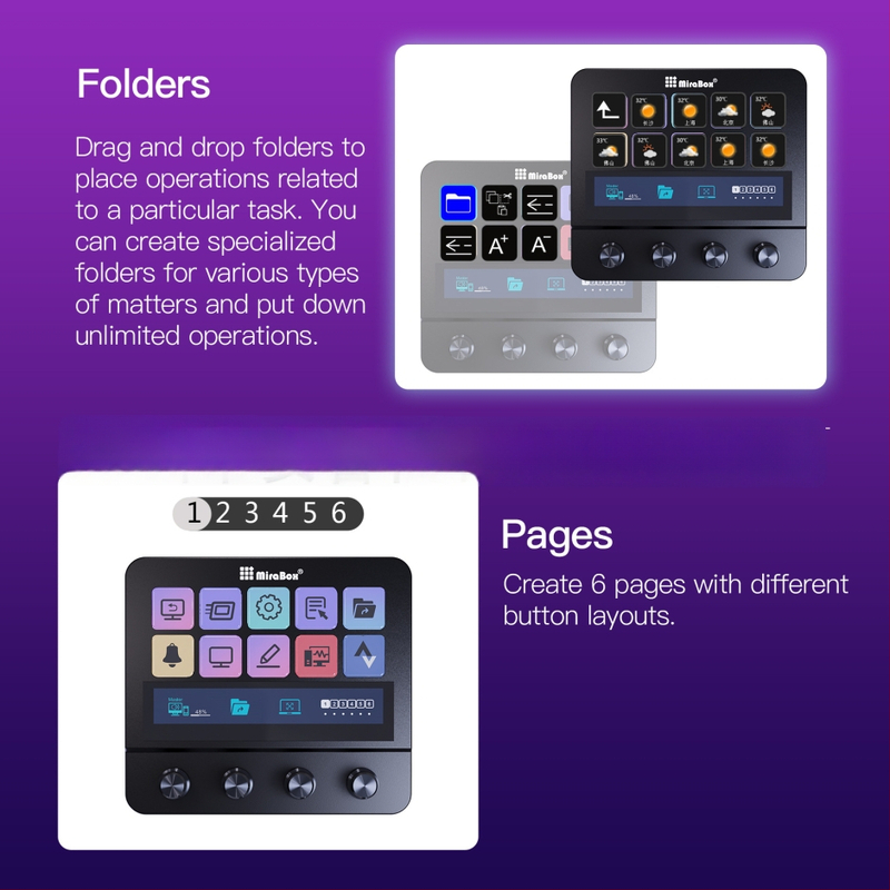 N4 visuaalne makroklaviatuur Stream Decki jaoks LCD-ekraaniga, neli pöördnuppu, programmeeritavad kiirklahvid.