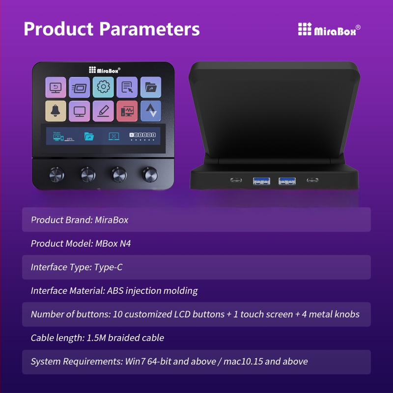 N4 visuaalne makroklaviatuur Stream Decki jaoks LCD-ekraaniga, neli pöördnuppu, programmeeritavad kiirklahvid.