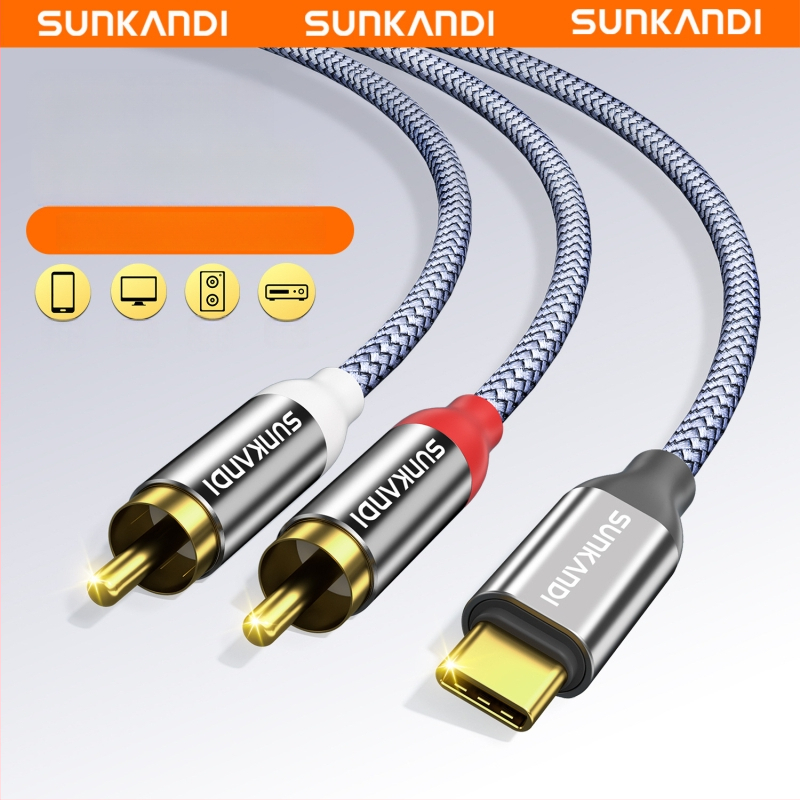 Sunkandi AV163 Type-C kuni 2RCA audio kaabel, kuldplekiga pistikud, hapnikuvaba vask südamik, põimitud juhtmed, CE/ROHS sertifikaadid
