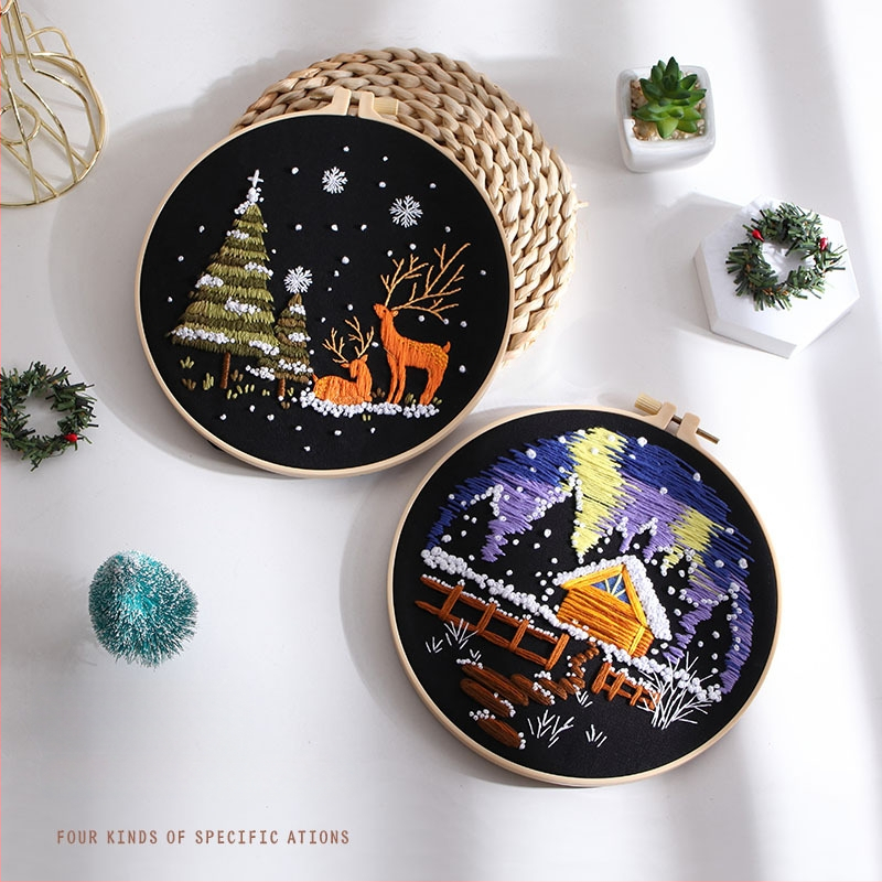 Põhjamaade stiilis ristõmbluskomplekt puuvillase kangaga – maastik lumise mäe ja metsaga