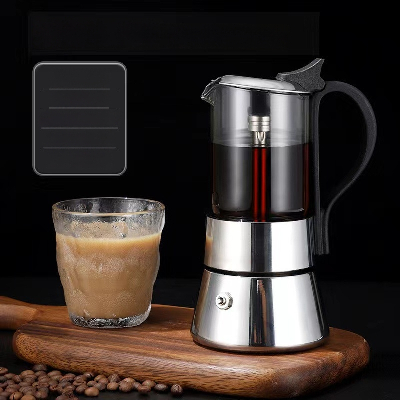 Itaalia moka pot borosilikaadist klaasist korpusega, topeltventiil, roostevabast terasest konstruktsioon, kohvi ekstraktsioon