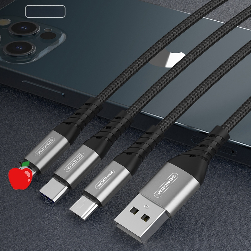 3-ühes-ühes Punutud Andmekaabel Kiirlaadimiseks (Lightning, Micro USB, Type-C), Maksimaalne vool 5A