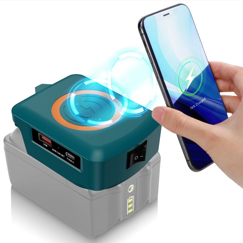 Juhtmevaba mobiiltelefonide laadija USB Type-C-ga; ühildu Makita, DeWalt, Milwaukee ja Bosch liitiumakudega; sisendpinge 15.5-24V; laadija tüüp: muud laadijad