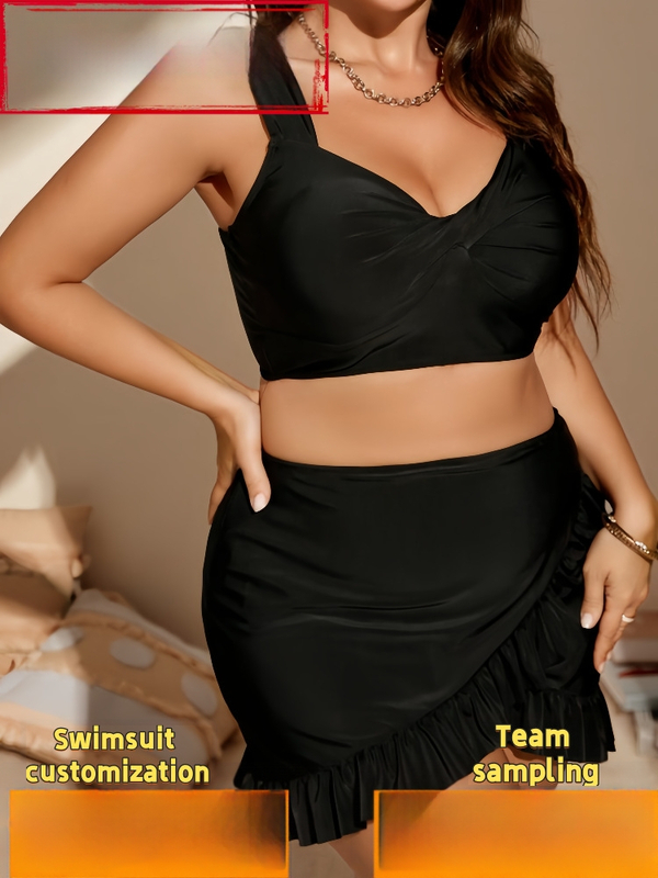 Naistele kahest osast peldkostüüm, kõrge vöö, volangid, rinna padjad, nailon