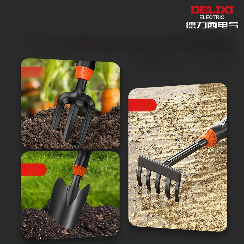 Delixi Electric aianduskühvli komplekt, süsinikterasest, kolmeosaline komplekt aianduseks, lillepeenrale ja randale
