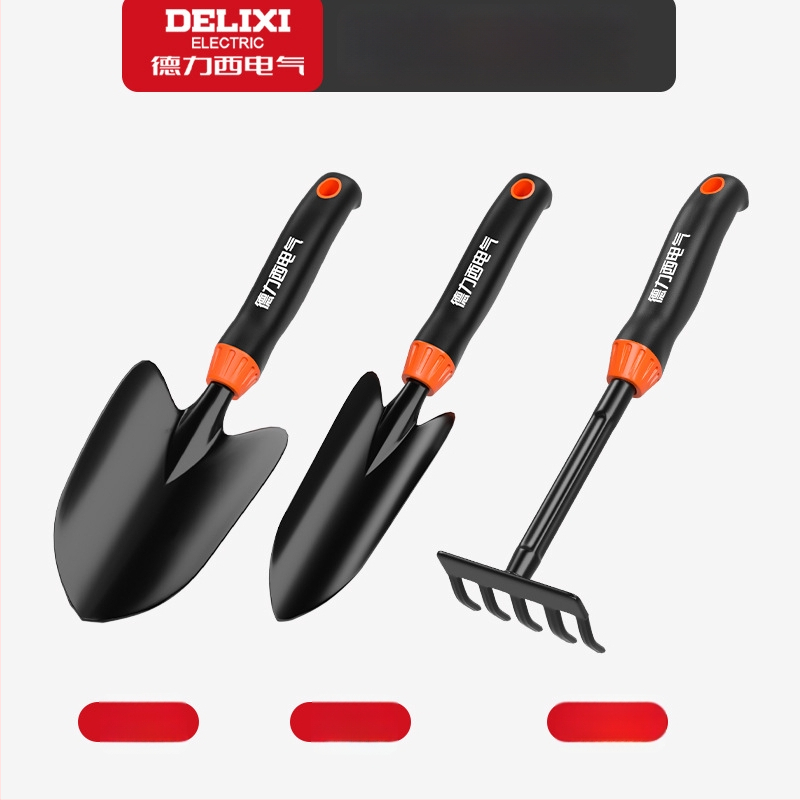 Delixi Electric aianduskühvli komplekt, süsinikterasest, kolmeosaline komplekt aianduseks, lillepeenrale ja randale