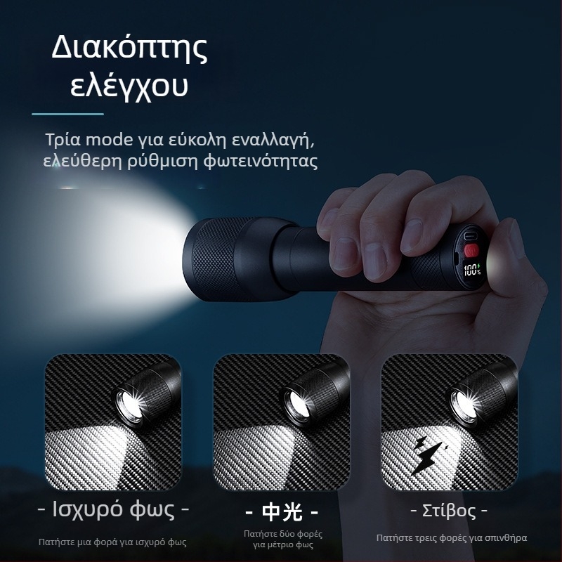 Φακός LED με ρυθμιζόμενο τηλεσκοπικό ζουμ, επαναφορτιζόμενος Type-C, ενσωματωμένη μπαταρία 18650 1200mAh, ισχύς 10W, εμβέλεια άνω των 500 μ