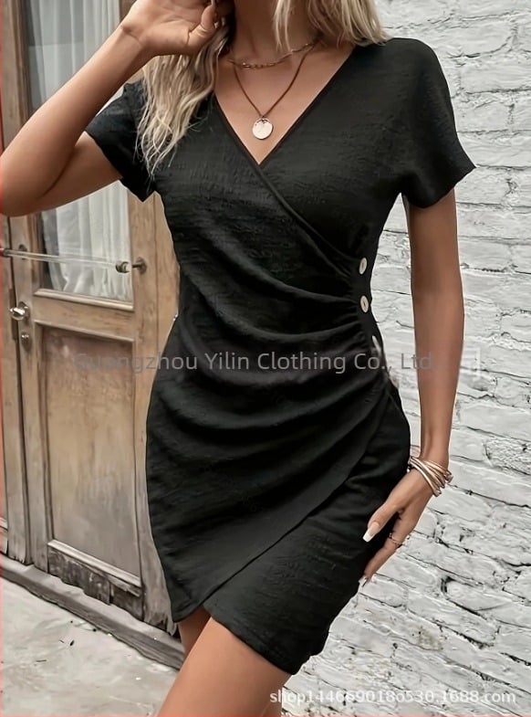 Φόρεμα με V-ντεκολτέ, φούστα μέσου μήκους, κοντά μανίκια, πολυεστέρας, άνοιξη 2025, κομψό επαγγελματικό στυλ