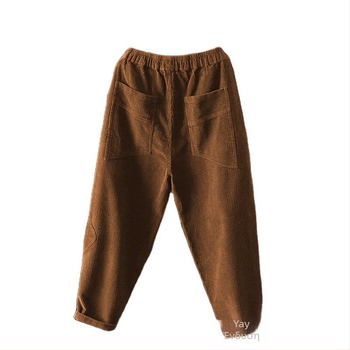 Γυναικείες παντελόνες από corduroy, φαρδιά γραμμή, μέση μεσαίου ύψους, hareem στυλ, καθημερινές παντελόνες