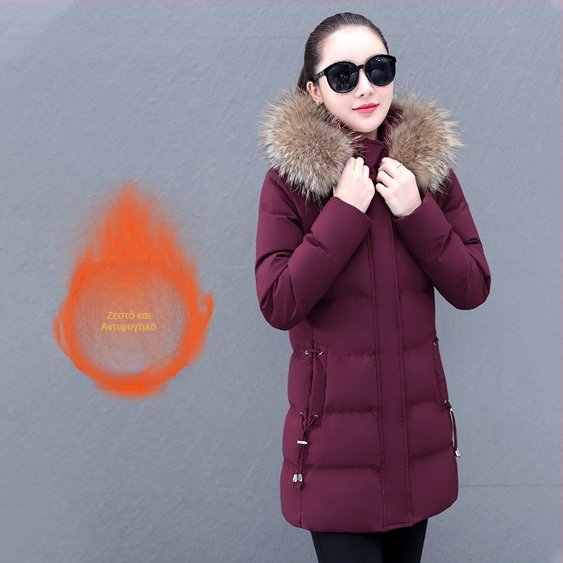 Βαμβακερό παλτό με αποσπώμενη κουκούλα και γούνινο γιακά από ψεύτικο γούνα, με φερμουάρ εμπρός, μεσαίου μήκους