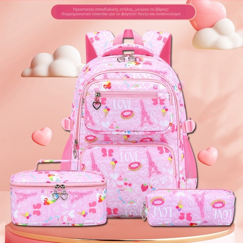 Σετ τριών σακιδίων για κορίτσια από Oxford ύφασμα, με σχέδιο καρτούν, ιμάντες με αερόμαξιλα, αναπνεύσιμο, ultra-ελαφρύ και διπλωόμενο – φρέσκο και γλυκό στυλ, για πέμπτη–έκτη τάξη