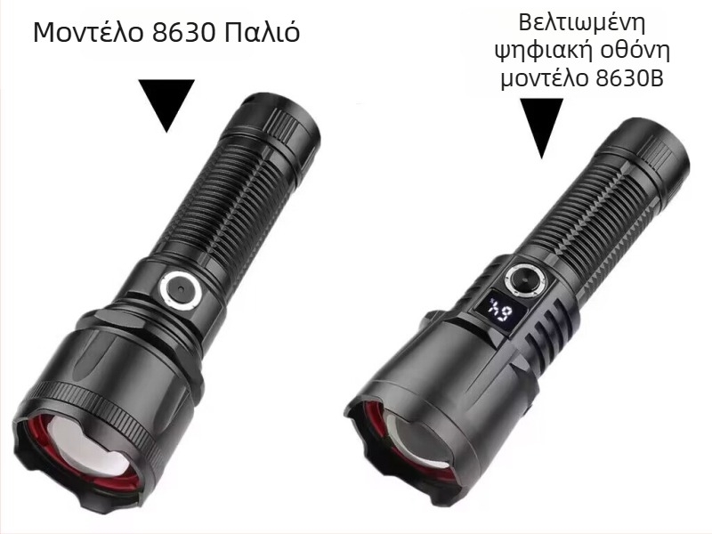 Φανάρι LED 30W με οθόνη ισχύος, ζουμ δέσμης, XHP160 LED, κράμα αλουμινίου, επαναφορτιζόμενο με λειτουργία Power Bank και περιστροφή 360°