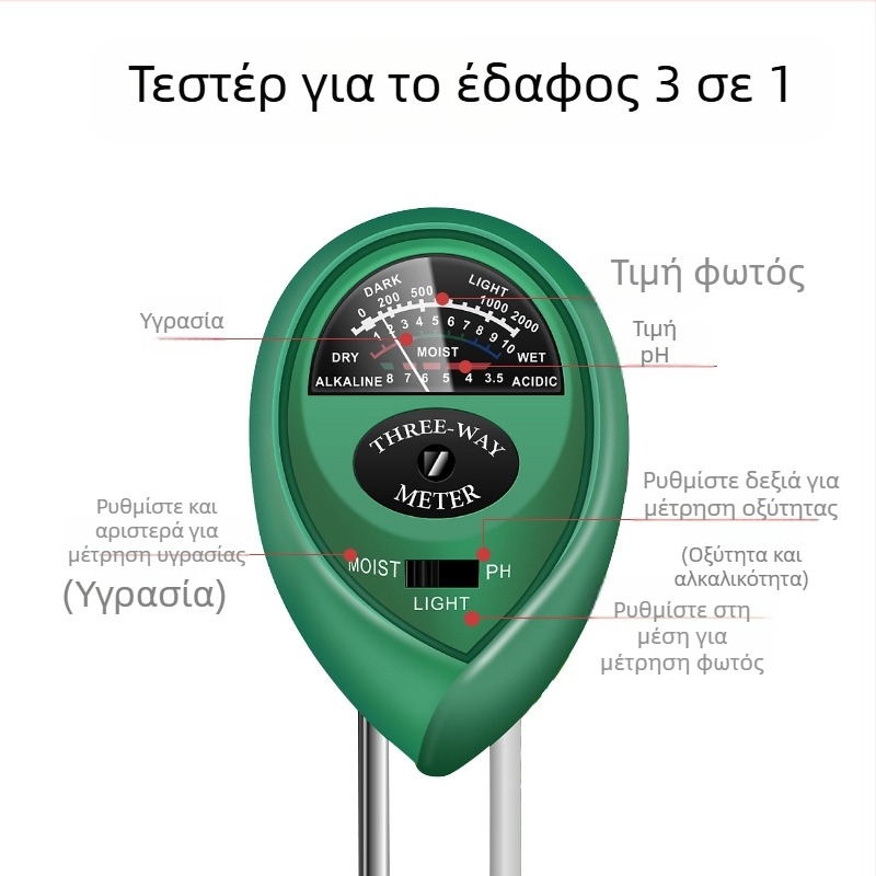 Μετρητής εδάφους 3-σε-1: υγρασία, pH και θρεπτικά στοιχεία για λουλούδια και γλάστρες