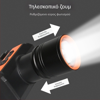 Κεφαλικός φακός ψαρέματος με λευκό λέιζερ, 5W, επαναφορτιζόμενη μπαταρία 1200mAh, εμβέλεια 100–200 m.