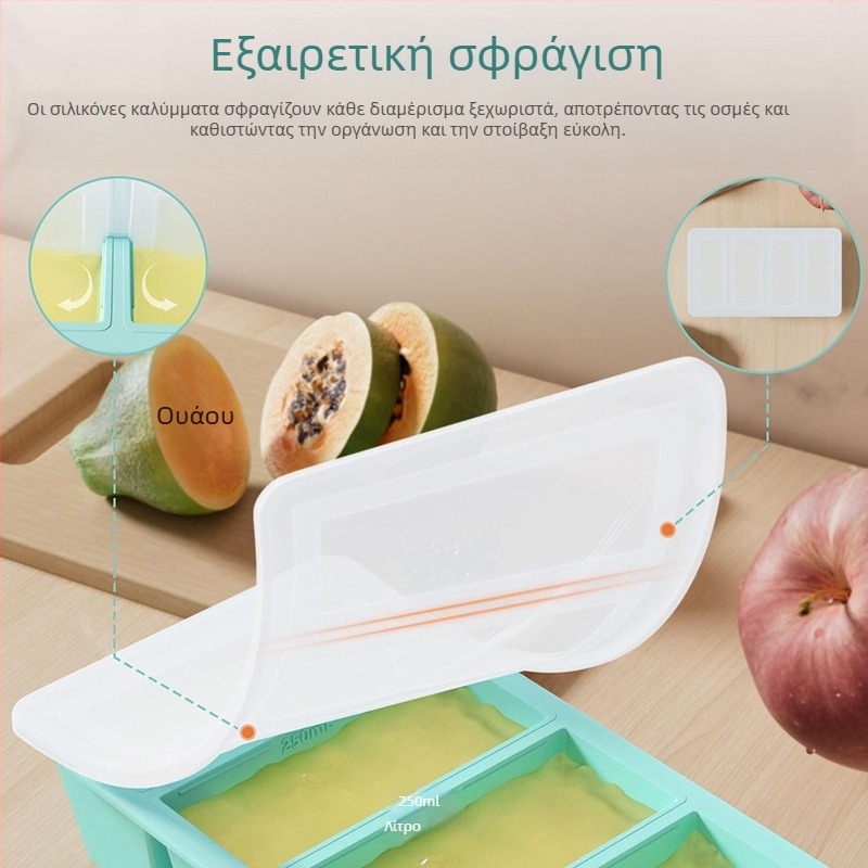 Φόρμα σιλικόνης για πάγο με καπάκι, 4 θήκες, 80 ml ανά θήκη, γρήγορη κατάψυξη, προσαρμόσιμη μορφή