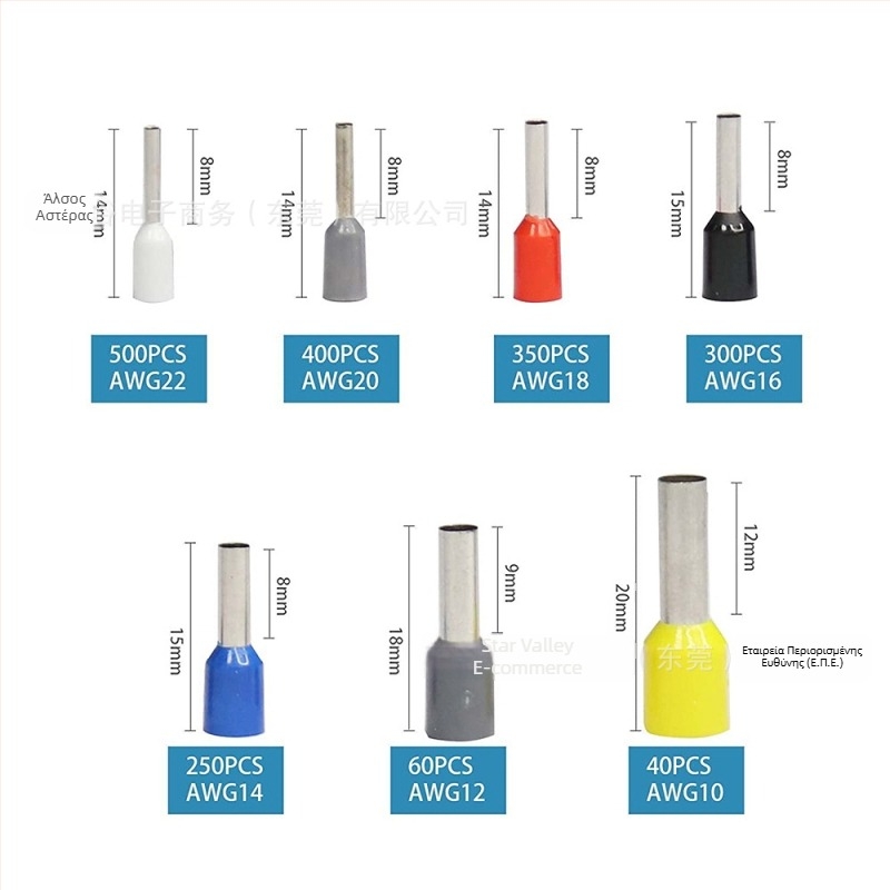 Σωληνωτός προ-μονωμένος τερματικός συνδετήρας για αγωγούς AWG22, ψυχρή πρέσα, για ηλεκτρικές συσκευές