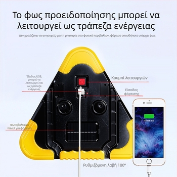 Τριγωνική προειδοποιητική πινακίδα αυτοκινήτου σε τρίποδο, ανακλαστικό LED φως, ABS κατασκευή, ισχύς 5V