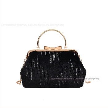 Γυναικεία plush τσάντα με σχήμα κελύφους, crossbody με κλιπ, θήκη για κινητό, επένδυση πολυεστέρα, street fashion, χειμώνας 2024