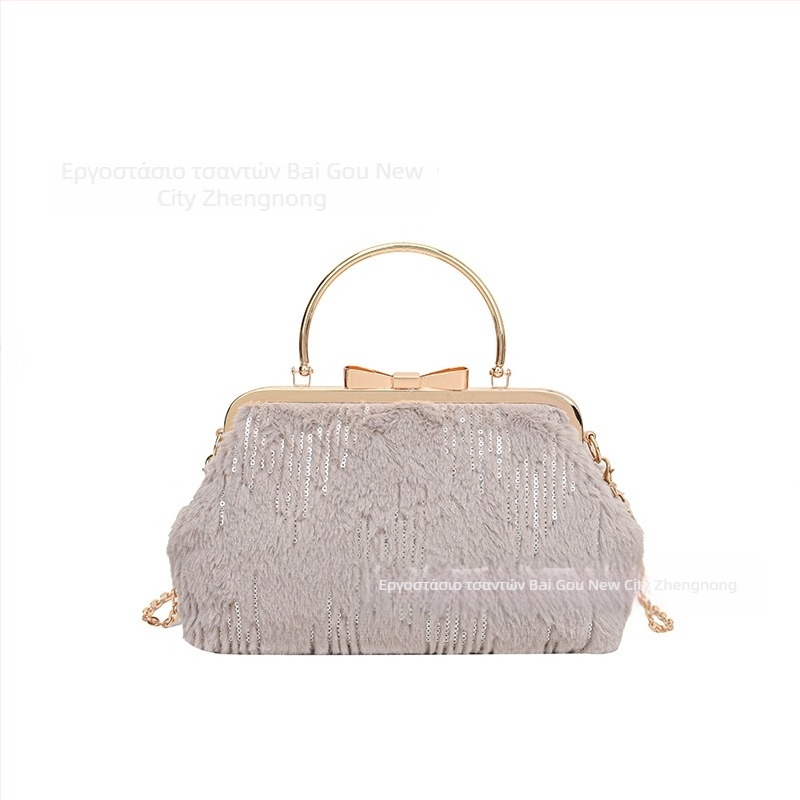 Γυναικεία plush τσάντα με σχήμα κελύφους, crossbody με κλιπ, θήκη για κινητό, επένδυση πολυεστέρα, street fashion, χειμώνας 2024