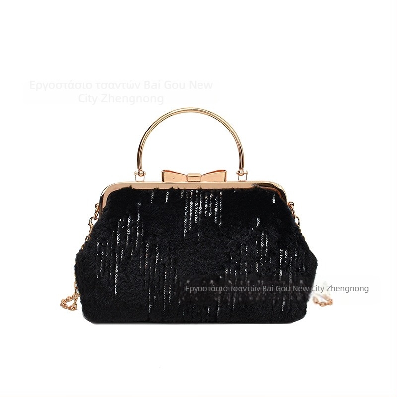 Γυναικεία plush τσάντα με σχήμα κελύφους, crossbody με κλιπ, θήκη για κινητό, επένδυση πολυεστέρα, street fashion, χειμώνας 2024