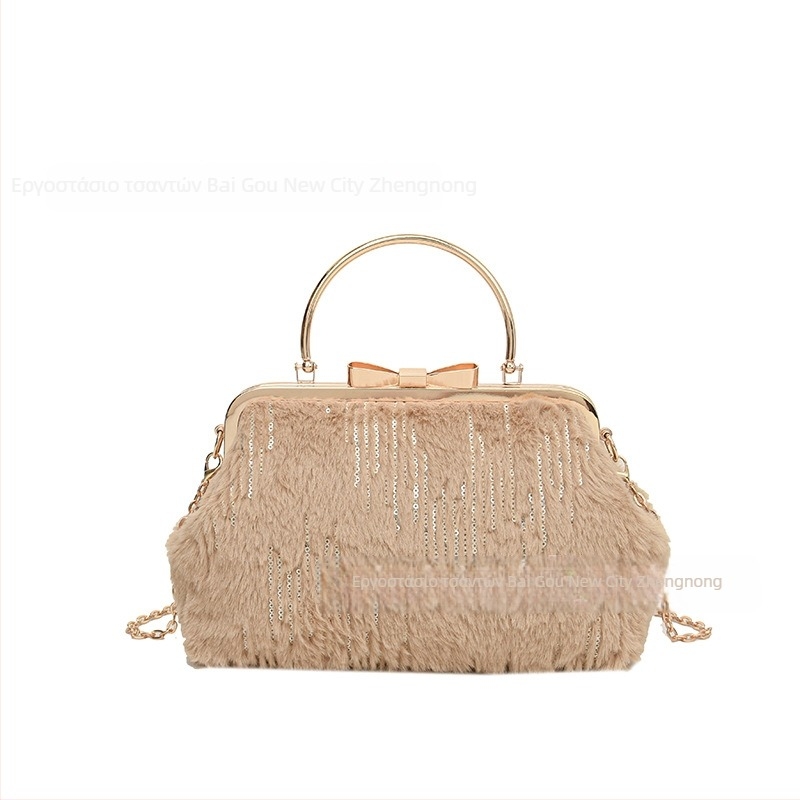 Γυναικεία plush τσάντα με σχήμα κελύφους, crossbody με κλιπ, θήκη για κινητό, επένδυση πολυεστέρα, street fashion, χειμώνας 2024