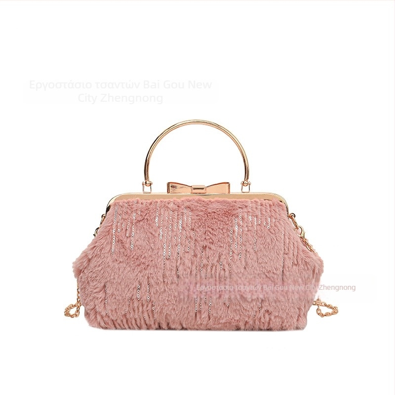 Γυναικεία plush τσάντα με σχήμα κελύφους, crossbody με κλιπ, θήκη για κινητό, επένδυση πολυεστέρα, street fashion, χειμώνας 2024