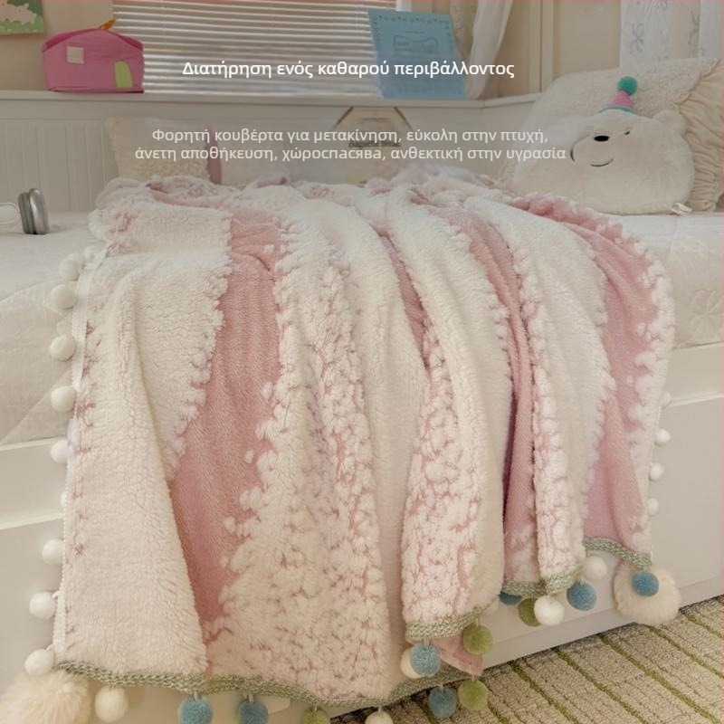 Κουβέρτα πλεκτή με φούντες, παχιά με μαλλί γάλακτος, κατάλληλη ως σάλι και κάλυμμα καναπέ