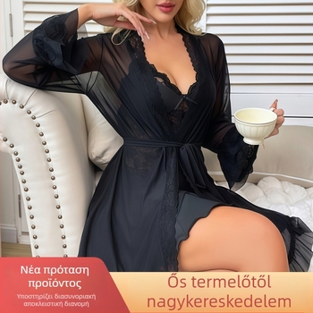 Γυναικείο σετ νυχτικιών από δαντέλα και διχτυωτό ύφασμα, βαθύ V με τιράντες, πολυεστέρας