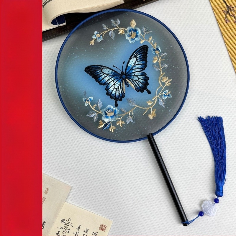 Στρογγυλό βεντάλι με μεταξωτή κέντημα, μεταλλικός δακτύλιος, κινέζικο στυλ