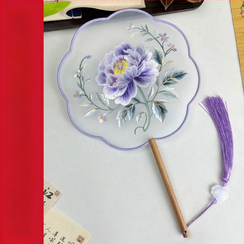 Στρογγυλό βεντάλι με μεταξωτή κέντημα, μεταλλικός δακτύλιος, κινέζικο στυλ