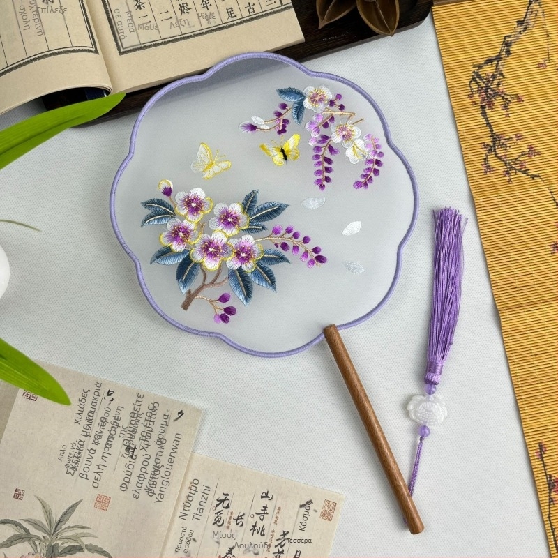 Στρογγυλό βεντάλι με μεταξωτή κέντημα, μεταλλικός δακτύλιος, κινέζικο στυλ